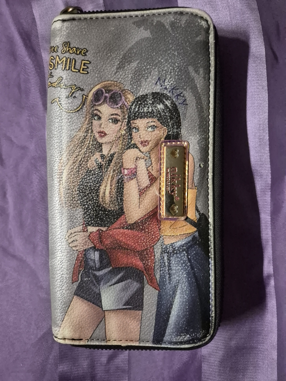 Nicole Lee Gray Graphic Zip Wallet with Pink and Gold Accents